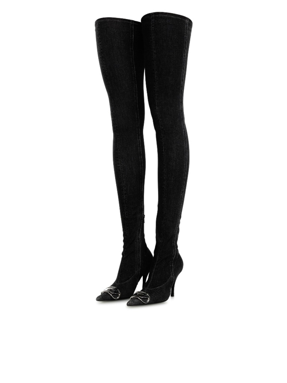 Diesel black stretch denim D-Venus over-the-knee boots original Silver metall